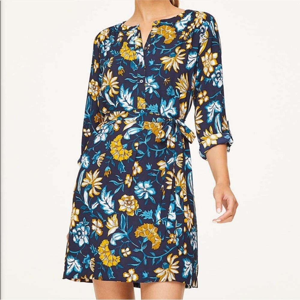 LOFT Navy Floral Tie-Waist Long Sleeve Dress